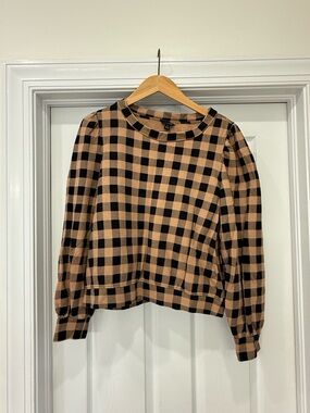 Ann Taylor Black & Camel Checked Puff-Sleeve Sweater